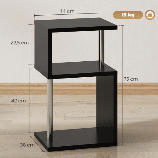 HOMCOM Mesa Auxiliar com Luz LED de 3 Níveis Mesa Auxiliar Moderna com Forma de S Prateleiras Abertas e Estrutura em Alumínio para Sala Quarto 44x38x75 cm Preto Brilhante