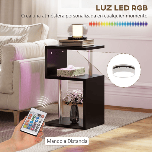 HOMCOM Mesa Auxiliar com Luz LED de 3 Níveis Mesa Auxiliar Moderna com Forma de S Prateleiras Abertas e Estrutura em Alumínio para Sala Quarto 44x38x75 cm Preto Brilhante