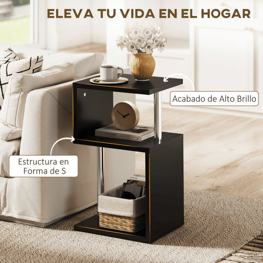 HOMCOM Mesa Auxiliar com Luz LED de 3 Níveis Mesa Auxiliar Moderna com Forma de S Prateleiras Abertas e Estrutura em Alumínio para Sala Quarto 44x38x75 cm Preto Brilhante