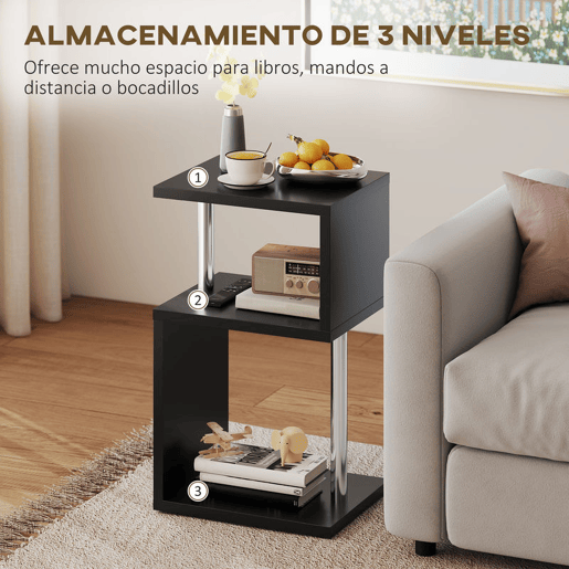 HOMCOM Mesa Auxiliar com Luz LED de 3 Níveis Mesa Auxiliar Moderna com Forma de S Prateleiras Abertas e Estrutura em Alumínio para Sala Quarto 44x38x75 cm Preto Brilhante