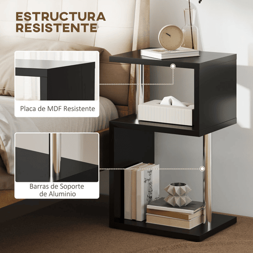 HOMCOM Mesa Auxiliar com Luz LED de 3 Níveis Mesa Auxiliar Moderna com Forma de S Prateleiras Abertas e Estrutura em Alumínio para Sala Quarto 44x38x75 cm Preto Brilhante