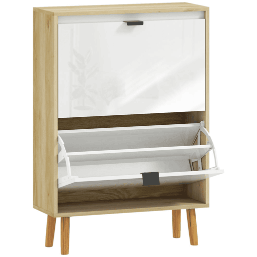 HOMCOM Sapateira Estreita com 2 Portas em Branco Brilhante Estantes Ajustáveis e Pés de Madeira para 12 Pares de Sapatos 60x24x91 cm Branco