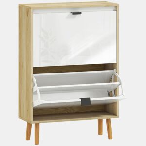 HOMCOM Sapateira Estreita com 2 Portas em Branco Brilhante Estantes Ajustáveis e Pés de Madeira para 12 Pares de Sapatos 60x24x91 cm Branco