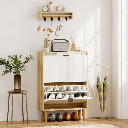 HOMCOM Sapateira Estreita com 2 Portas em Branco Brilhante Estantes Ajustáveis e Pés de Madeira para 12 Pares de Sapatos 60x24x91 cm Branco