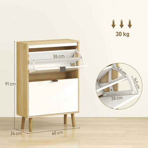 HOMCOM Sapateira Estreita com 2 Portas em Branco Brilhante Estantes Ajustáveis e Pés de Madeira para 12 Pares de Sapatos 60x24x91 cm Branco