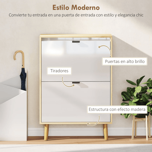 HOMCOM Sapateira Estreita com 2 Portas em Branco Brilhante Estantes Ajustáveis e Pés de Madeira para 12 Pares de Sapatos 60x24x91 cm Branco