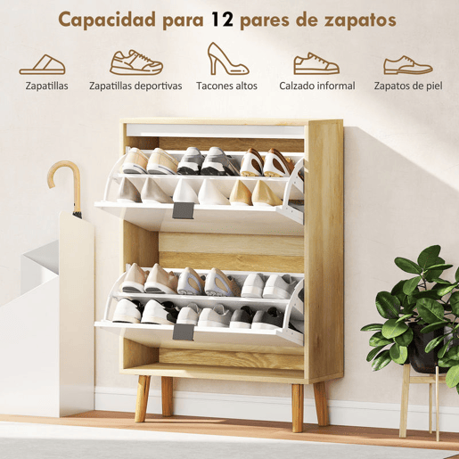 HOMCOM Sapateira Estreita com 2 Portas em Branco Brilhante Estantes Ajustáveis e Pés de Madeira para 12 Pares de Sapatos 60x24x91 cm Branco