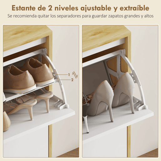 HOMCOM Sapateira Estreita com 2 Portas em Branco Brilhante Estantes Ajustáveis e Pés de Madeira para 12 Pares de Sapatos 60x24x91 cm Branco