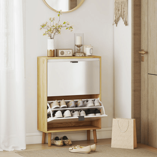 HOMCOM Sapateira Estreita com 2 Portas em Branco Brilhante Estantes Ajustáveis e Pés de Madeira para 12 Pares de Sapatos 60x24x91 cm Branco