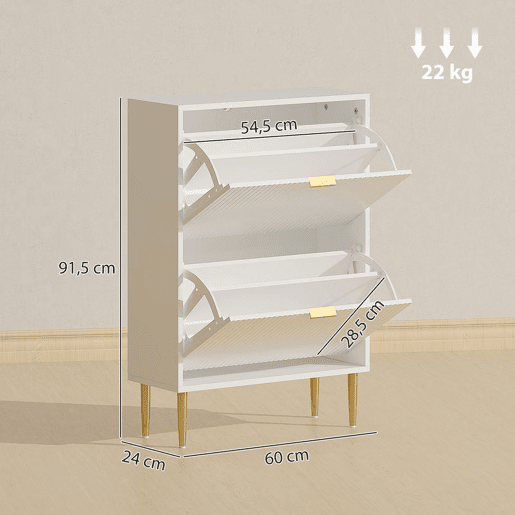 HOMCOM Sapateira Estreita com 2 Portas Canelada Sapateira para Entrada com Prateleiras Ajustáveis para 12 Pares de Sapatos 60x24x91,5 cm Branco