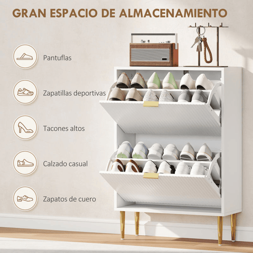 HOMCOM Sapateira Estreita com 2 Portas Canelada Sapateira para Entrada com Prateleiras Ajustáveis para 12 Pares de Sapatos 60x24x91,5 cm Branco