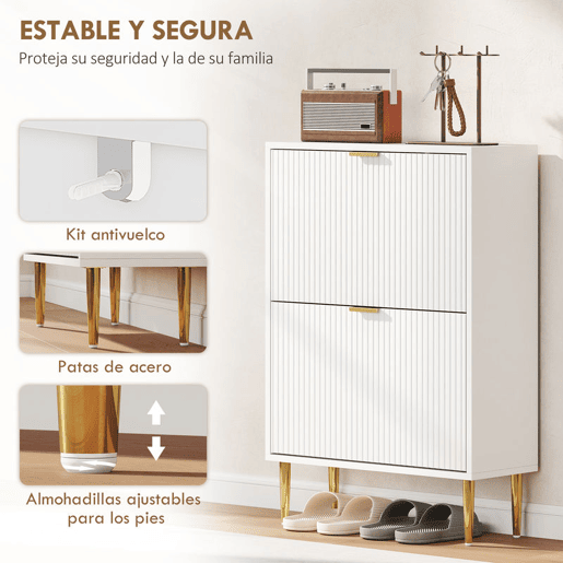 HOMCOM Sapateira Estreita com 2 Portas Canelada Sapateira para Entrada com Prateleiras Ajustáveis para 12 Pares de Sapatos 60x24x91,5 cm Branco