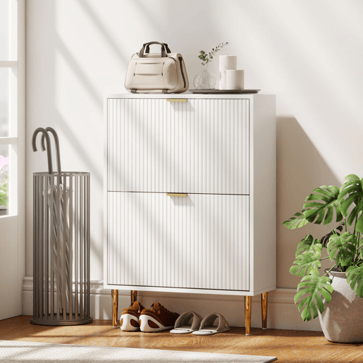 HOMCOM Sapateira Estreita com 2 Portas Canelada Sapateira para Entrada com Prateleiras Ajustáveis para 12 Pares de Sapatos 60x24x91,5 cm Branco
