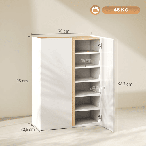 HOMCOM Sapateira de 6 Níveis com 2 Portas em Branco Brilhante Sapateira de Entrada com Fechamento Suave e Prateleiras Ajustáveis para 18 Pares de Sapatos 70x33,5x95 cm Branco