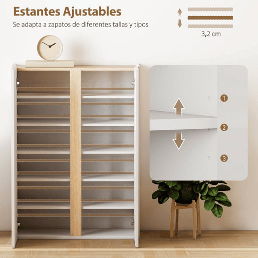 HOMCOM Sapateira de 6 Níveis com 2 Portas em Branco Brilhante Sapateira de Entrada com Fechamento Suave e Prateleiras Ajustáveis para 18 Pares de Sapatos 70x33,5x95 cm Branco