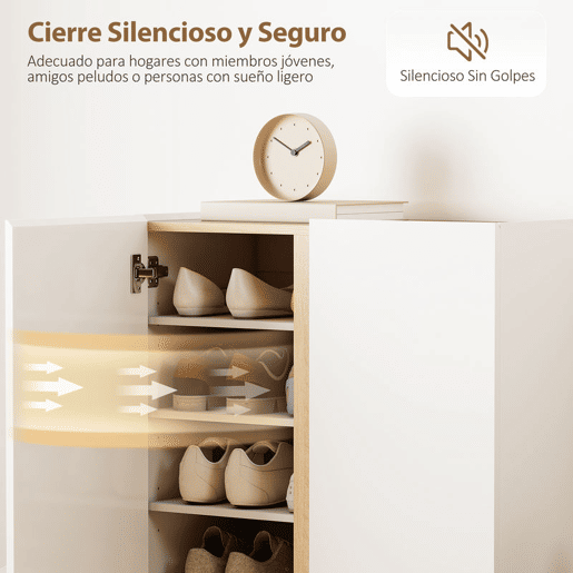 HOMCOM Sapateira de 6 Níveis com 2 Portas em Branco Brilhante Sapateira de Entrada com Fechamento Suave e Prateleiras Ajustáveis para 18 Pares de Sapatos 70x33,5x95 cm Branco