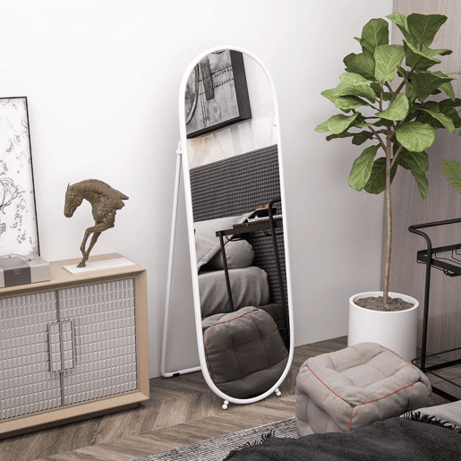 HOMCOM Espelho de Corpo Inteiro Oval 160x40 cm, Espelho de Pé com Suporte, 2 Modos de Utilização, Independente ou Encostado, para Sala, Entrada, Quarto, Closet, Branco