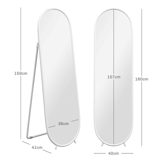 HOMCOM Espelho de Corpo Inteiro Oval 160x40 cm, Espelho de Pé com Suporte, 2 Modos de Utilização, Independente ou Encostado, para Sala, Entrada, Quarto, Closet, Branco