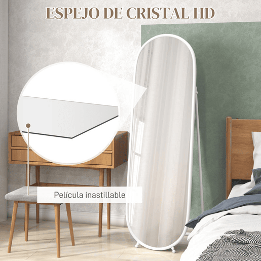 HOMCOM Espelho de Corpo Inteiro Oval 160x40 cm, Espelho de Pé com Suporte, 2 Modos de Utilização, Independente ou Encostado, para Sala, Entrada, Quarto, Closet, Branco