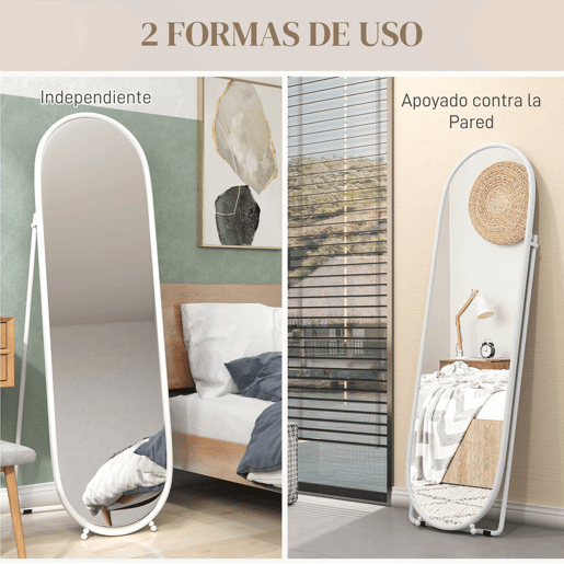 HOMCOM Espelho de Corpo Inteiro Oval 160x40 cm, Espelho de Pé com Suporte, 2 Modos de Utilização, Independente ou Encostado, para Sala, Entrada, Quarto, Closet, Branco