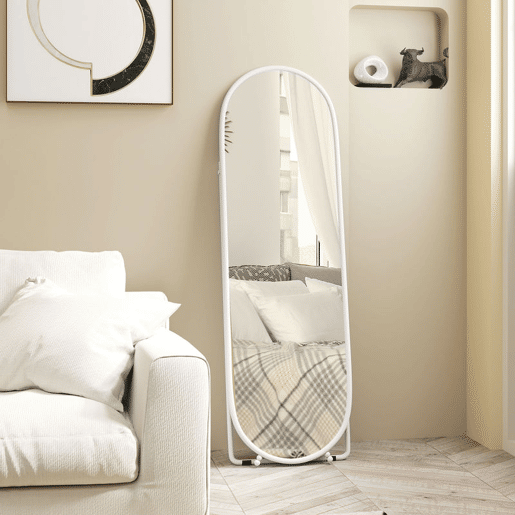 HOMCOM Espelho de Corpo Inteiro Oval 160x40 cm, Espelho de Pé com Suporte, 2 Modos de Utilização, Independente ou Encostado, para Sala, Entrada, Quarto, Closet, Branco