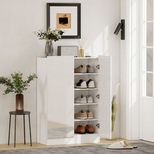 HOMCOM Sapateira de 2 Portas Brilhante com Fecho Suave, Sapateira para Entrada com Prateleiras Ajustáveis, Orifícios de Ventilação, Branco, para 20 Pares de Sapatos, 72x34,5x103 cm
