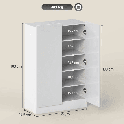 HOMCOM Sapateira de 2 Portas Brilhante com Fecho Suave, Sapateira para Entrada com Prateleiras Ajustáveis, Orifícios de Ventilação, Branco, para 20 Pares de Sapatos, 72x34,5x103 cm