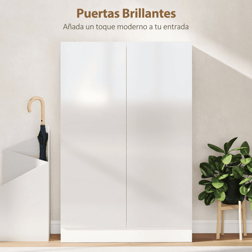 HOMCOM Sapateira de 2 Portas Brilhante com Fecho Suave, Sapateira para Entrada com Prateleiras Ajustáveis, Orifícios de Ventilação, Branco, para 20 Pares de Sapatos, 72x34,5x103 cm