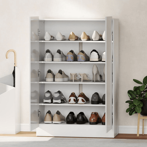 HOMCOM Sapateira de 2 Portas Brilhante com Fecho Suave, Sapateira para Entrada com Prateleiras Ajustáveis, Orifícios de Ventilação, Branco, para 20 Pares de Sapatos, 72x34,5x103 cm