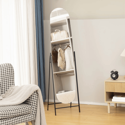 HOMCOM Espelho de Pé Arqueado 160x40 cm Espelho de Corpo Inteiro sem Moldura com Suporte de Metal para Sala Quarto Closet e Entrada Preto