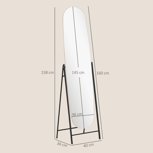HOMCOM Espelho de Pé Arqueado 160x40 cm Espelho de Corpo Inteiro sem Moldura com Suporte de Metal para Sala Quarto Closet e Entrada Preto