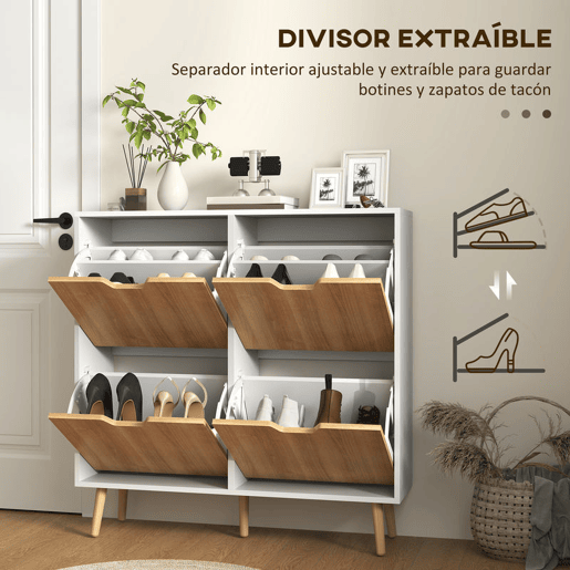HOMCOM Sapateira com 4 Gavetas e Prateleiras Ajustáveis Móvel para Sapatos de Corredor para 16 Pares de Sapatos 95x26x95 cm Branco e Madeira
