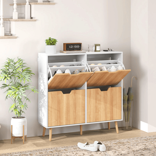 HOMCOM Sapateira com 4 Gavetas e Prateleiras Ajustáveis Móvel para Sapatos de Corredor para 16 Pares de Sapatos 95x26x95 cm Branco e Madeira