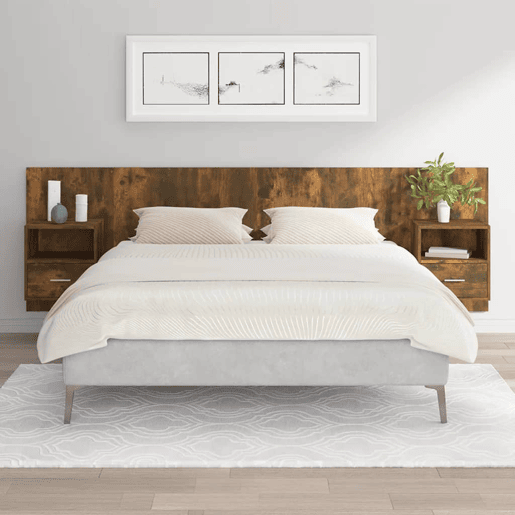Cabeceira - Cabeceira de cama cama + armários madeira processada carvalho fumado