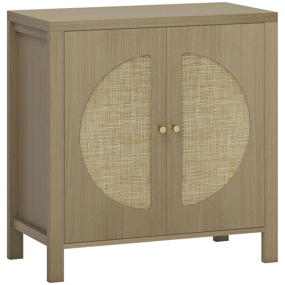 Homcom aparador de cocina con 2 puertas de ratán sintético, mueble auxiliar de cocina con estante ajustable y 2 tiradores, mueble de buffet para comedor, salón, 75x38x77 cm, madera natural