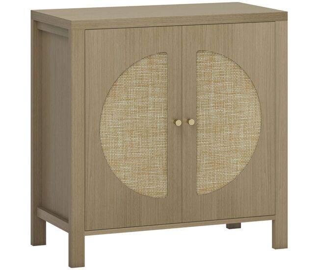 Homcom aparador de cocina con 2 puertas de ratán sintético, mueble auxiliar de cocina con estante ajustable y 2 tiradores, mueble de buffet para