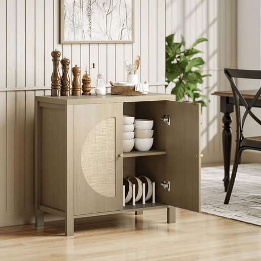 HOMCOM Aparador de Cozinha com 2 Portas de Vime Sintético Móvel Auxiliar de Cozinha com Prateleira Ajustável e 2 Puxadores Móvel Auxiliar Cozinha 75x38x77 cm Madeira