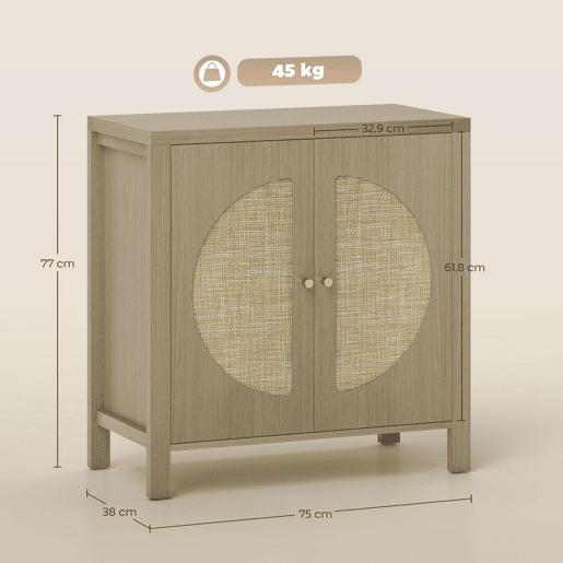 HOMCOM Aparador de Cozinha com 2 Portas de Vime Sintético Móvel Auxiliar de Cozinha com Prateleira Ajustável e 2 Puxadores Móvel Auxiliar Cozinha 75x38x77 cm Madeira