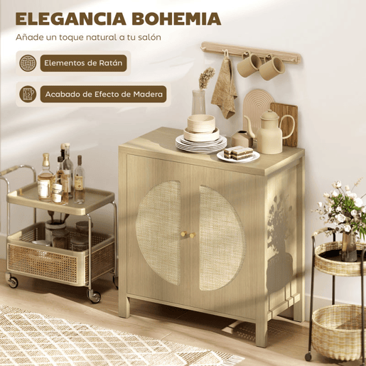 HOMCOM Aparador de Cozinha com 2 Portas de Vime Sintético Móvel Auxiliar de Cozinha com Prateleira Ajustável e 2 Puxadores Móvel Auxiliar Cozinha 75x38x77 cm Madeira