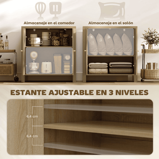HOMCOM Aparador de Cozinha com 2 Portas de Vime Sintético Móvel Auxiliar de Cozinha com Prateleira Ajustável e 2 Puxadores Móvel Auxiliar Cozinha 75x38x77 cm Madeira