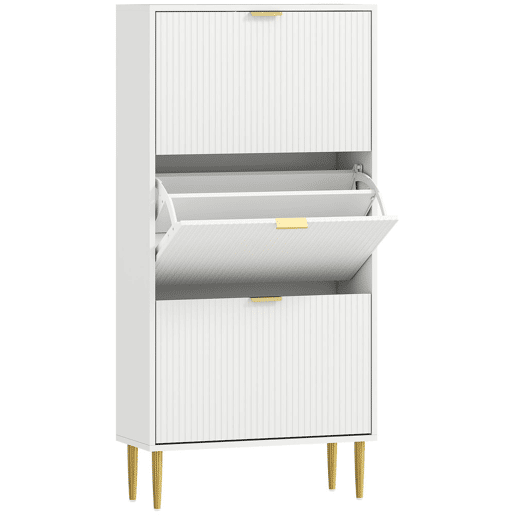 HOMCOM Sapateira Estreita com 3 Portas Caneladas Sapateira para Entrada com Prateleiras Ajustáveis para 18 Pares de Sapatos 60x24x122,5 cm Branco