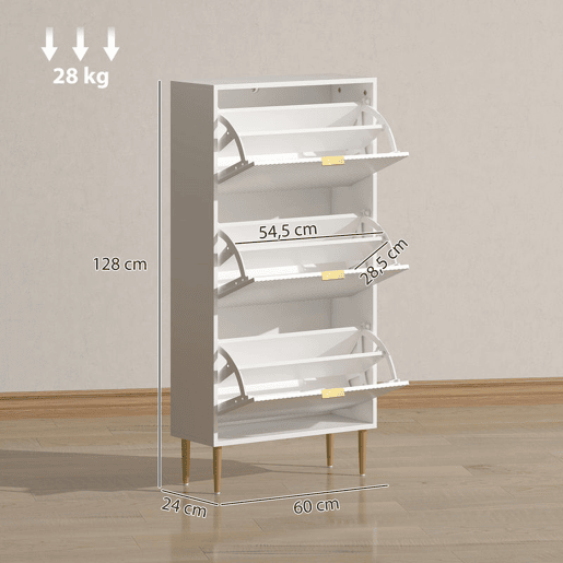 HOMCOM Sapateira Estreita com 3 Portas Caneladas Sapateira para Entrada com Prateleiras Ajustáveis para 18 Pares de Sapatos 60x24x122,5 cm Branco