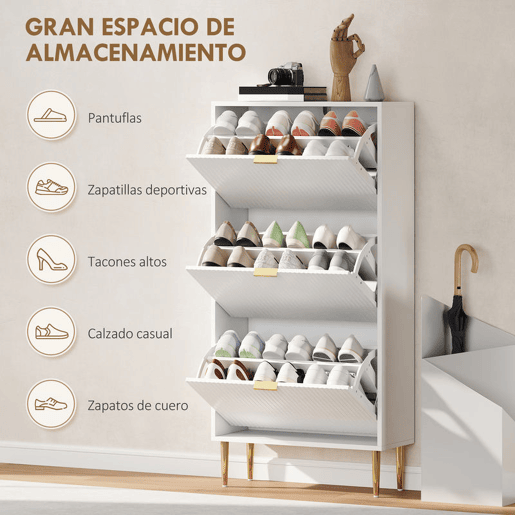 HOMCOM Sapateira Estreita com 3 Portas Caneladas Sapateira para Entrada com Prateleiras Ajustáveis para 18 Pares de Sapatos 60x24x122,5 cm Branco
