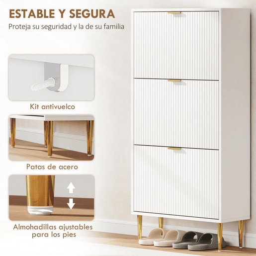 HOMCOM Sapateira Estreita com 3 Portas Caneladas Sapateira para Entrada com Prateleiras Ajustáveis para 18 Pares de Sapatos 60x24x122,5 cm Branco