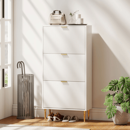 HOMCOM Sapateira Estreita com 3 Portas Caneladas Sapateira para Entrada com Prateleiras Ajustáveis para 18 Pares de Sapatos 60x24x122,5 cm Branco