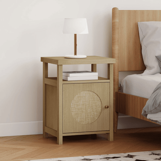 HOMCOM Mesa de Cabeceira com Porta de Vime Mesa de Cabeceira com Prateleira Aberta e Compartimento Móvel Auxiliar para Quarto Sala 40x35x55 cm Madeira