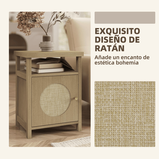 HOMCOM Mesa de Cabeceira com Porta de Vime Mesa de Cabeceira com Prateleira Aberta e Compartimento Móvel Auxiliar para Quarto Sala 40x35x55 cm Madeira