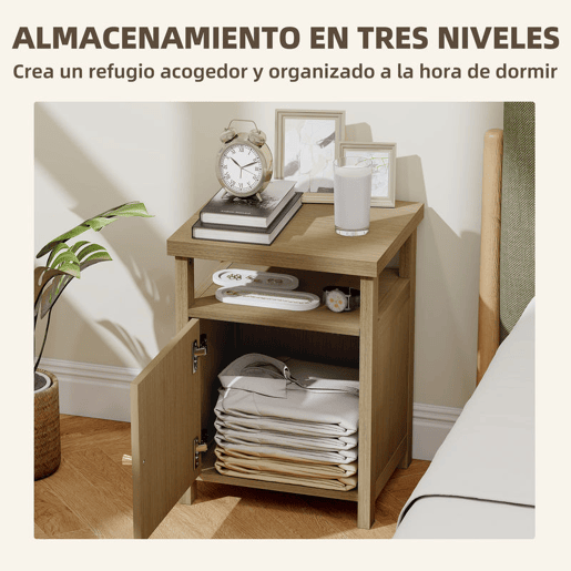 HOMCOM Mesa de Cabeceira com Porta de Vime Mesa de Cabeceira com Prateleira Aberta e Compartimento Móvel Auxiliar para Quarto Sala 40x35x55 cm Madeira