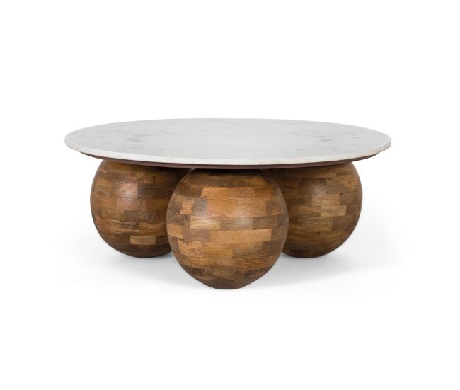 Mesa de centro redonda de mármol y madera de teca
