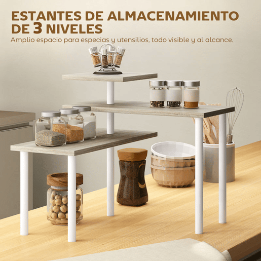 HOMCOM Estante de Cozinha de 3 Níveis Estante de Cozinha com 3 Prateleiras Giratórias Estrutura de Metal e Design em Degraus para Sala de Jantar Sala de Estar 40x18x36,5 cm Madeira